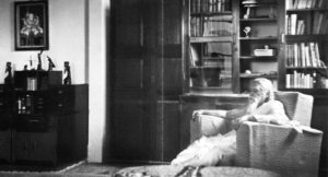 Sri Aurobindo, seated in his chair - in his room